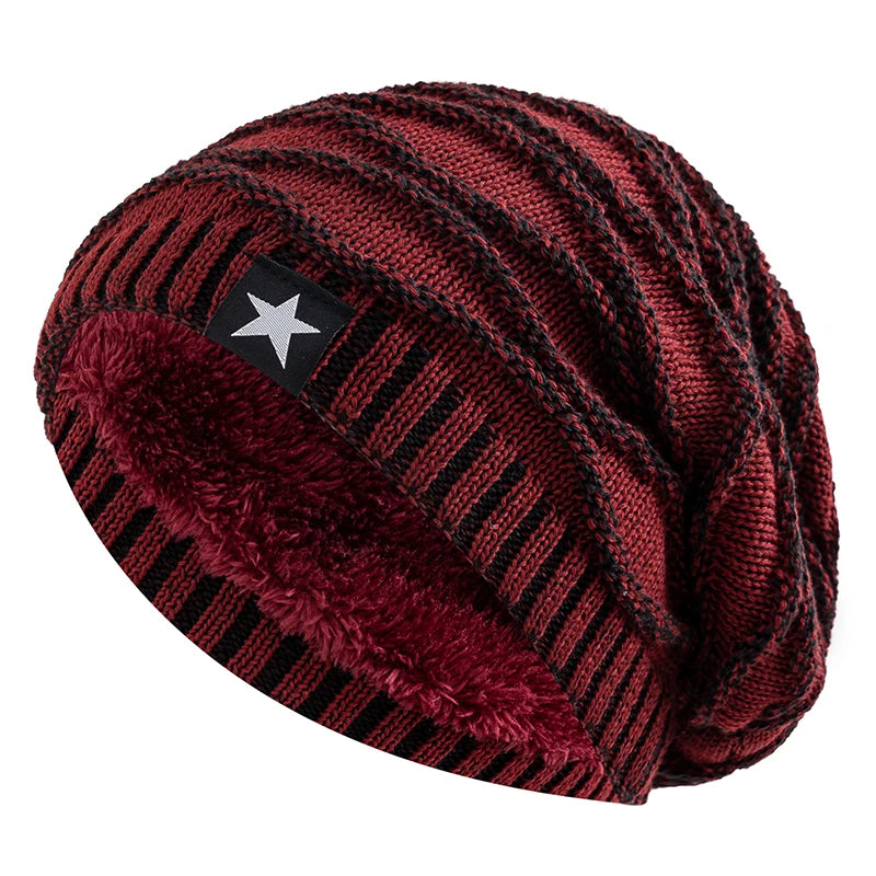 Ny unisex slouchy vinterhatter legger til pelsfôrede menn og kvinner varm beanie cap casual five-spiss stjerne dekor vinterstrikkede hatter