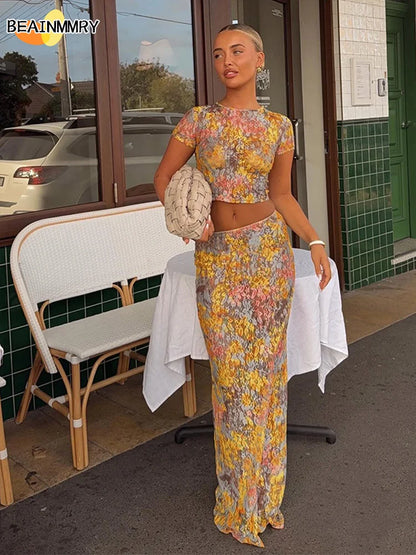 Žene tiskane maxi haljine setovi elegantni ljetni kratki rukavi ženke za kravate, duge haljine odijela 2025 Nove dame Out Out Acation Wear