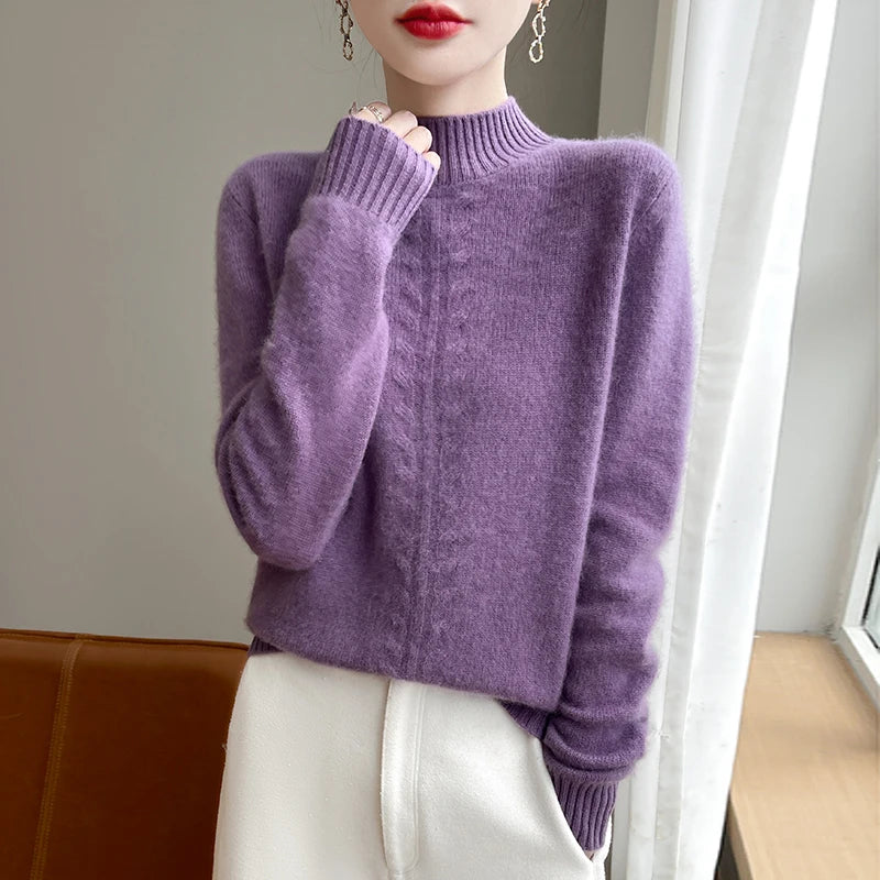 2025 Hemp Pattern Half Turtleneck Women's Woolen Sweater Autumn and Winter Warm 100% Wool Sweater Pure Color Comfort Pullover