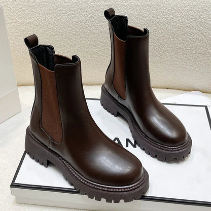 Ankle Boots Autumn Winter Classics Chelsea Boots Women Black Shoes Leather Platform Short Boots Slip on Elastic Band Goth Shoes