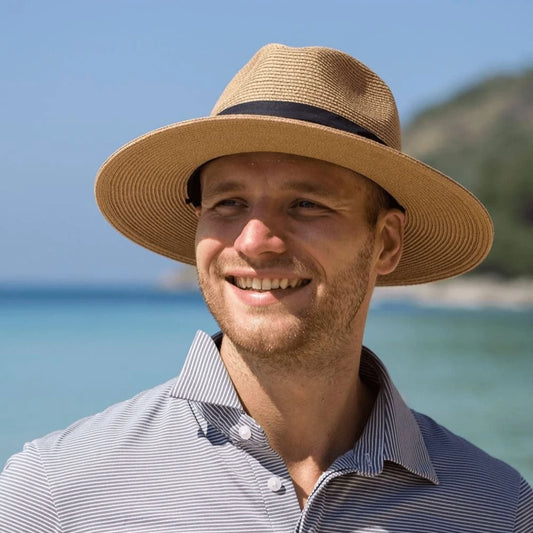 USPOP Men’s Foldable Paper Straw Sun Hat Unisex Wide Brim Summer Panama Hat for Beach Travel Outdoor UV Protection 2 Sizes (M/L)