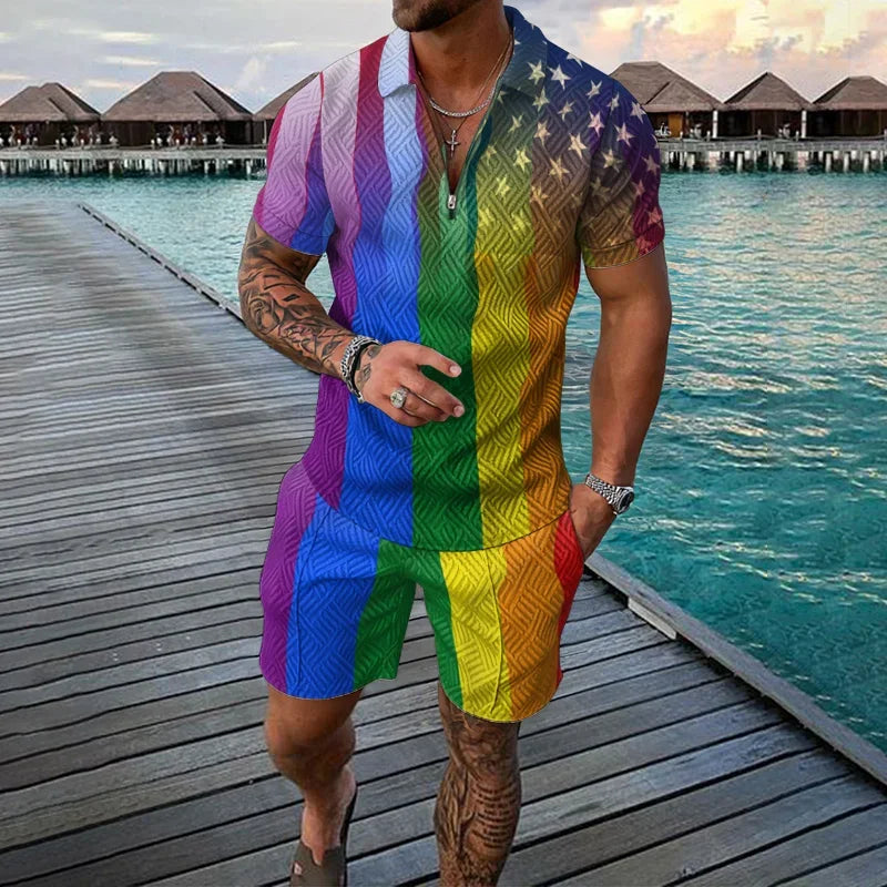 3D Print Nationality Style Men's Short Sleeve Sets Fashion Tee Shorts 2 Piece Outfit Casual Zipper Polo Shirts Summer Loose Suit