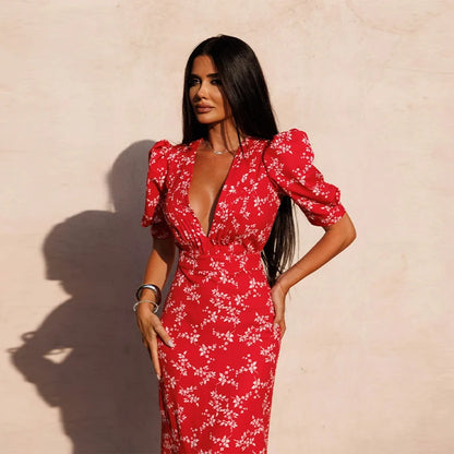 Chic Print Deep V-Sheck MIDI Dress Women Pleat Puff Smeeve High Pas Party šaty 2025 Letní podzimní svátky nové dámy roucho
