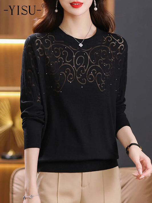 YISU Women Loose Sweater 2023 Autumn Winter O-Neck Long Sleeve Jumper Fashion Hollow Pattern Knitted Pullover Sweater Women