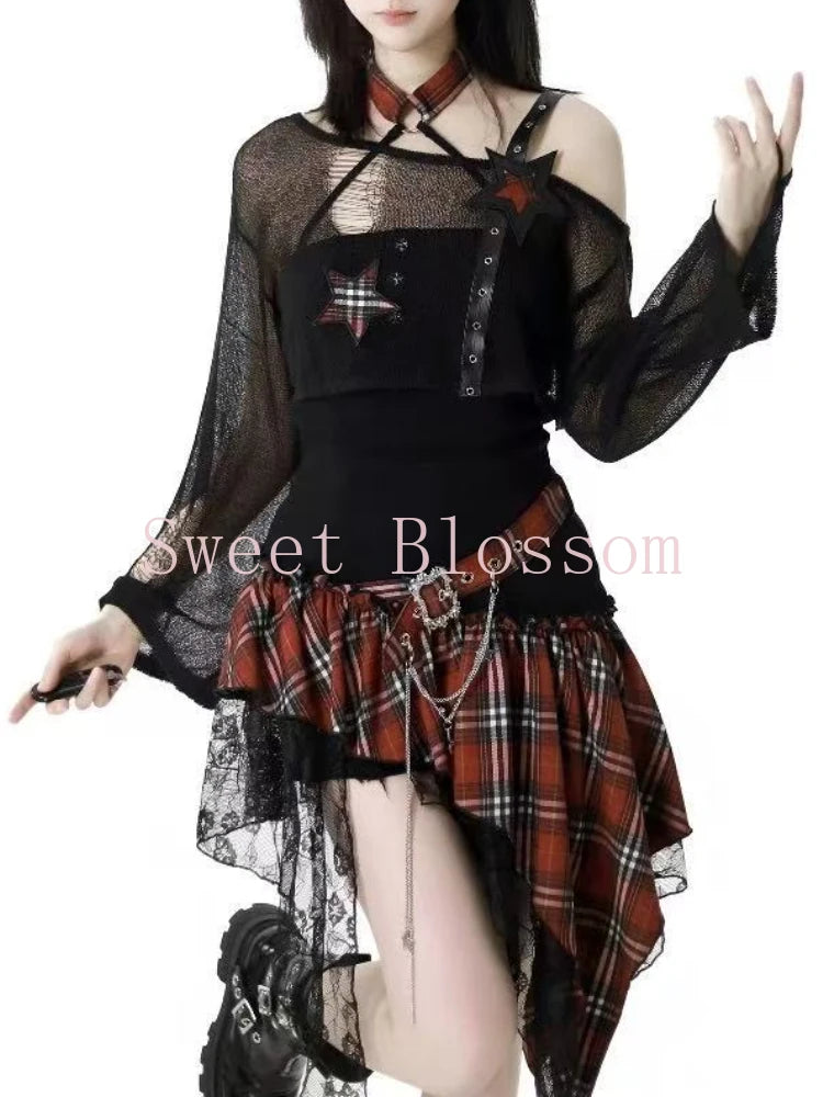 Gothic Hot Girl American Fashion 2 pièces Set Femmes Blouse noire + Chic Robe irrégulière Nouveau désir pur Slim Vintage Suit Summer