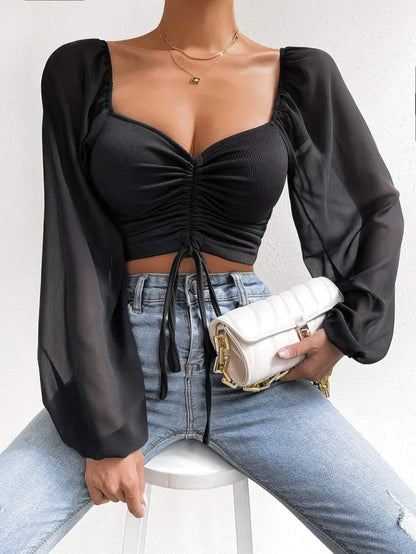 2024 Spring Summer New Sexy V-neck Chiffon Drawstring Lantern Sleeve Tight Fashion Sexy Short Style Waist Long Sleeve Shirt Top
