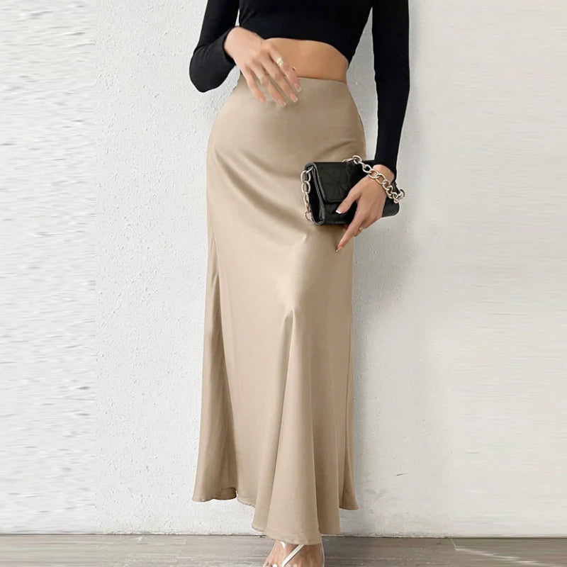 HXAO Women's Satin Long Skirts Black White Green Khaki Skirt Summer Elegant Women's Skirts Luxury Smooth High Waist Skirts 066