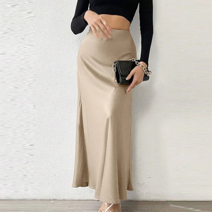 HXAO Women's Satin Long Skirts Black White Green Khaki Skirt Summer Elegant Women's Skirts Luxury Smooth High Waist Skirts 066