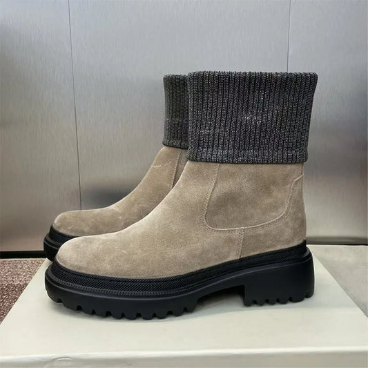 Luxury Quality Short Boots Woman Round Toe Flat Shoes For Women Cow Suede Ankle Boots String Bead Motorcycle Boots Women