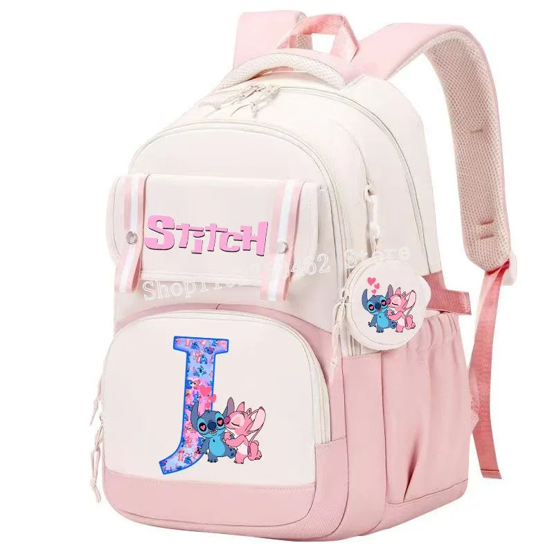 Stitch Angel Backpack Girls Disney Anime Letter A-Z Schoolbags Student School Shoulders Bag Outdoor Sport Travel Rucksack Gift