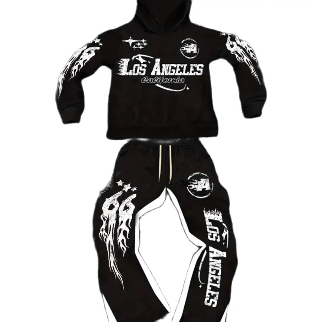 Men's Street - Style Casual and Stylish Hooded Set med svart- och - vit färgblockering och Los Angeles Alfabettryck