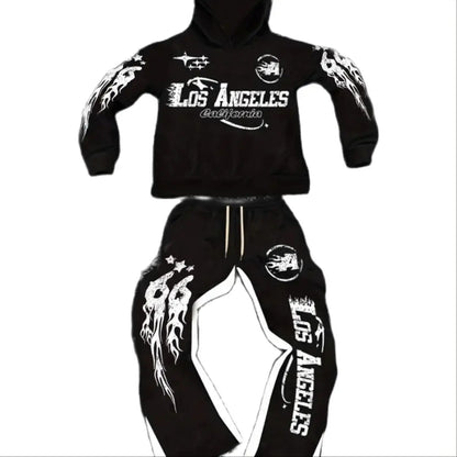 Men's Street - Style Casual and Stylish Hooded Set med svart- och - vit färgblockering och Los Angeles Alfabettryck