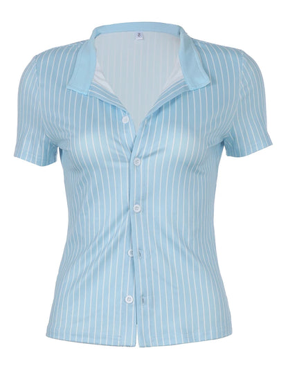 Sweetown Blue Stripe Short Sleeve Shirts For Women Button Up Slå krave Slim Enkel afslappet Preppy Tops Basic Summer Tees