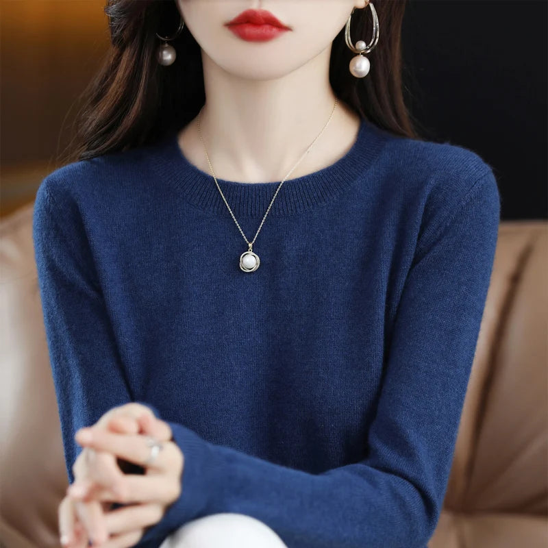 100% pure wool cashmere sweater women's O-neck pullover casual knitted coat autumn and winter women's coat basic 18 colors