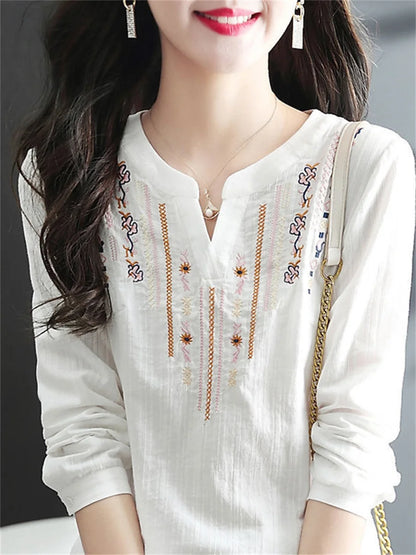 Donne Spring Autumn White Bluse Tops Lady Casual ricamo a v-scollo a v-scollo a maniche lunghe blusas sciolte top top df4272