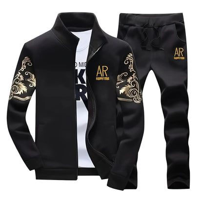 Spring and Autumn men's casual stand - collar sports suit, embroidered cardigan jacket, elastic waist straight - leg pants for m