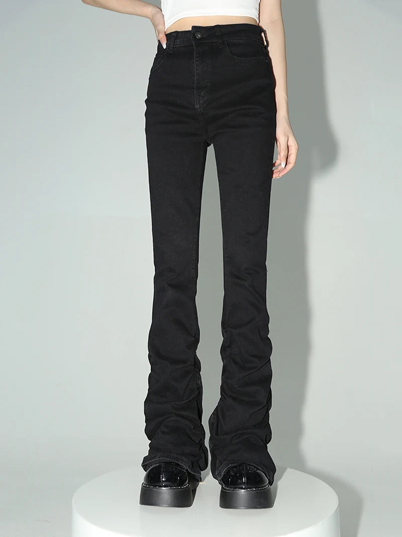Calça de jeans de flare pilhada de reddáquica Mulheres pretas Goth Retro Strety Stret