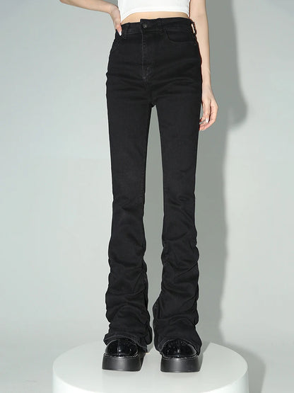 Calça de jeans de flare pilhada de reddáquica Mulheres pretas Goth Retro Strety Stret