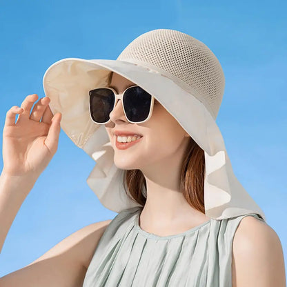 Summer Women Bucket Hat with Shawl Breathable Mesh Face Neck Protection Sun Hat Bow Pleat Wide Brim Hat Travel Beach Cap