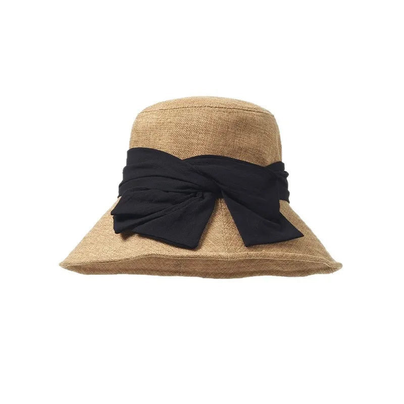 USPOP Elegant Wide Brim Cotton Linen Bucket Hat for Women Summer Sun Hat with Bow Foldable UV Protection Beach Hat