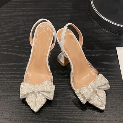 Liyke Fashion Design White Pearl Bowknot Mujeres Pombas Sexy Toes puntiagudos Tacones altos PROMA DE PROMA DE VERTE