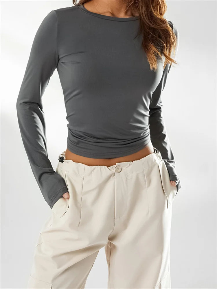 CHRONSTYLE Women Casual Long Sleeve T-Shirts Spring Autumn Solid Slim Fit Pullovers Tees Shirts Female Streetwear Base Tees Tops