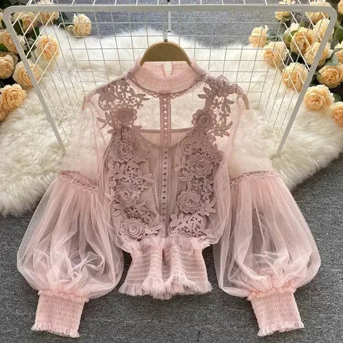Čipka puff dugi rukavi bluza vintage modne bluze elegantne femme blusas korejske žene vrhovi žene majice odjeća Dropshipping