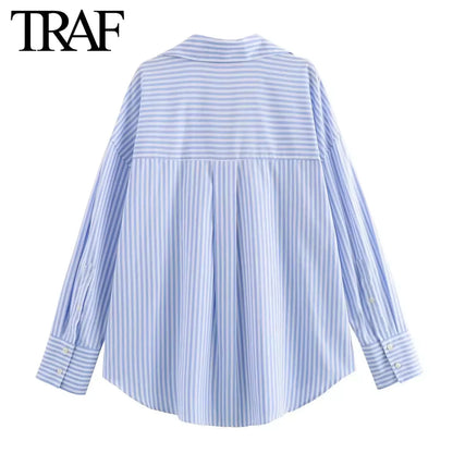 TRAF Women Fashion Spring Cotton Oxford Long Sleeve Single-breasted Lapel Blouse Street Clothing Shirt Chic Ladies Tops Mujer