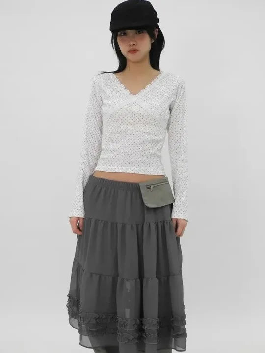 Chic Summer New Kolor High-end Gaza spódnica z Earlet Lace Hemline Seugh Puffy F-długość japońskiego sle