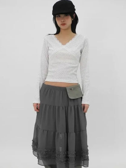 Chic Summer New Kolor High-end Gaza spódnica z Earlet Lace Hemline Seugh Puffy F-długość japońskiego sle