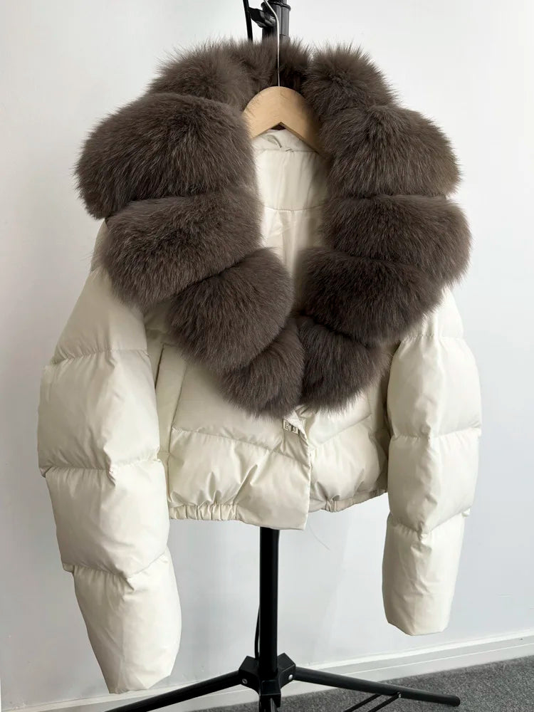 Janveny Big Natural Fox Fur Coat Women 2025 Autumn Winter Female Parkas 90% White Duck Down Jacket Feather Short Puffer Coat