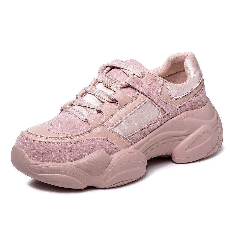 WOIZGIC Women's Female Ladies Genuine Leather Shoes Platform Lace Up Korean Sports Spring Autumn Breathable Vulcanized Shoes