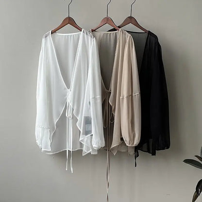 Cămăși pentru femei în v-gât liber cu mânecă lungă cusătură deschisă în stil coreean dantelă simplă Simp solid de vară șifon Minimalist Minimalist Elegant