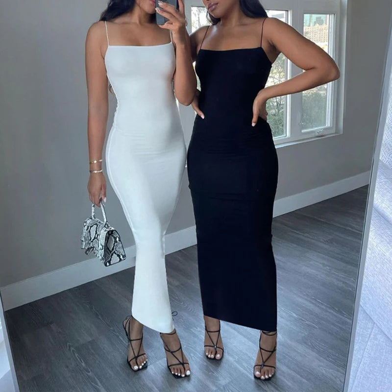 Nyári fekete szexi ruha nők utcai ruházat ujjatlan hát nélküli szilárd spagetti heveder bodycon alkalmi klub ruházat elegáns party ruhák