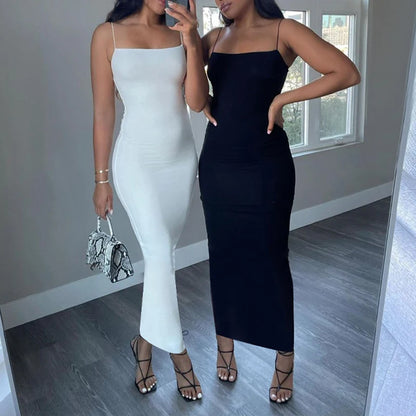 Nyári fekete szexi ruha nők utcai ruházat ujjatlan hát nélküli szilárd spagetti heveder bodycon alkalmi klub ruházat elegáns party ruhák