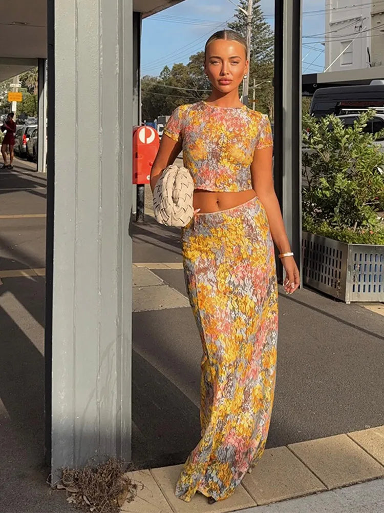 Žene tiskane maxi haljine setovi elegantni ljetni kratki rukavi ženke za kravate, duge haljine odijela 2025 Nove dame Out Out Acation Wear