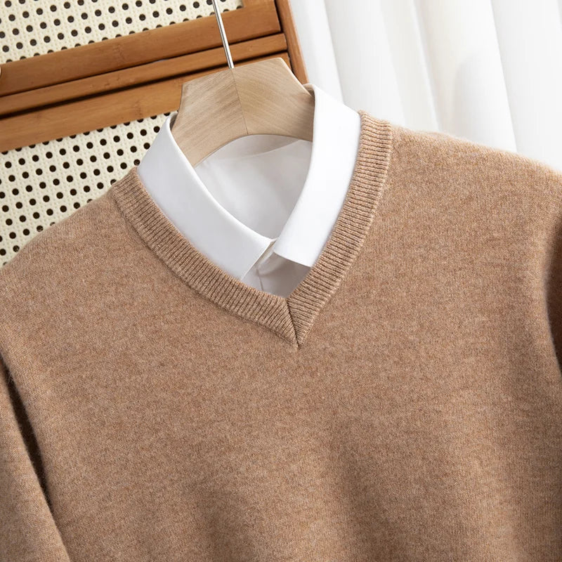 Men 100% Merino Wool Sweater V-Neck Pullover Autumn Winter Cashmere Warm Solid Knitwear Clothes Business Bottoming Soft Tops