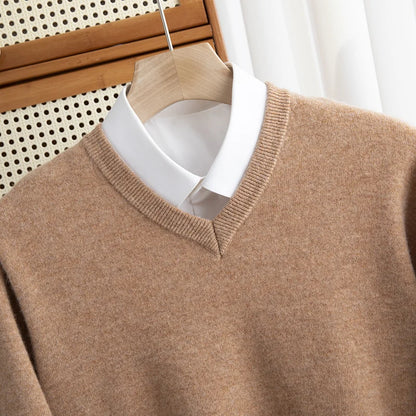 Men 100% Merino Wool Sweater V-Neck Pullover Autumn Winter Cashmere Warm Solid Knitwear Clothes Business Bottoming Soft Tops