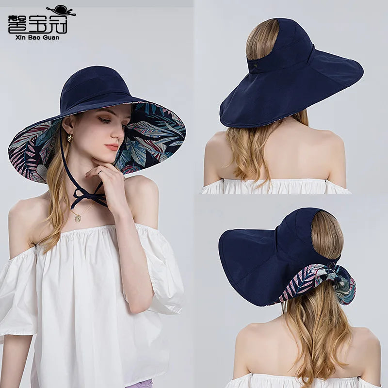 Women Cotton Wide Brim Sun Hats Metal Wired Edge Summer UV Protection UPF Boho Hat for Beach Hiking Garden Travel Chin Strap