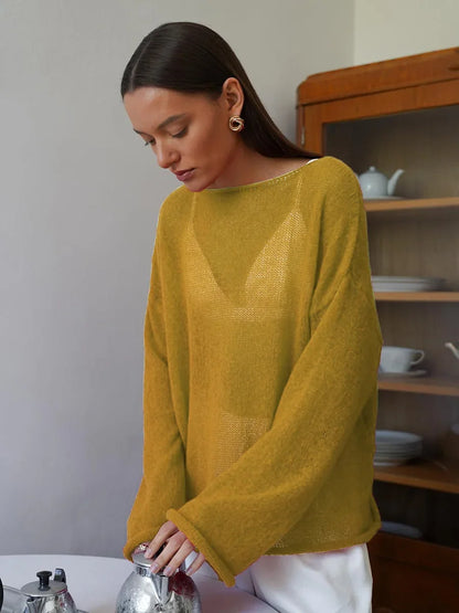 Talenza Hollow Knitted Sweater Pullover Women's Solid See-through O-Neck Long Sleeve Knitted T-Shirt Loose Casual Pullover 2025