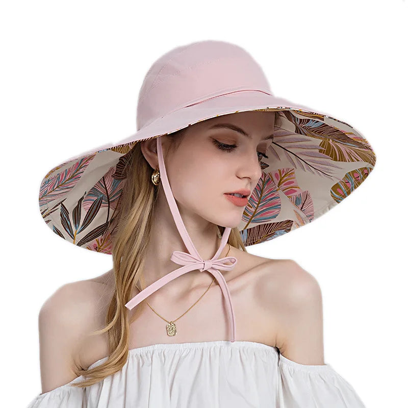 Women Cotton Wide Brim Sun Hats Metal Wired Edge Summer UV Protection UPF Boho Hat for Beach Hiking Garden Travel Chin Strap
