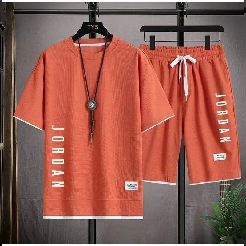 2025 Elegant casual T-shirt and shorts set for men's sports suit loose and comfortable summer waffle set for men