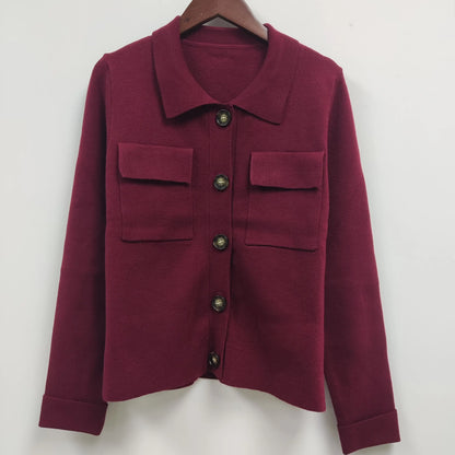 Femmes en tricot en tricot Couleur solide Coll-Down Collar tricot tricot simple Pull à poitrine avec des poches doubles femelles