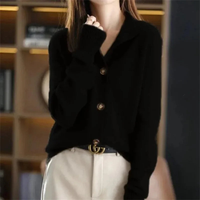 Autumn Winter New Stand collar Knitted Cardigan Solid Loose Short Jacket Women's Korean version Long sleeved Sweater Casual top
