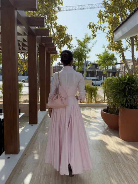 Elegant Solid Shirt Maxi Skirt Dress Set Women's Formal Long Sleeve Lapel Shirts A-line Skirts Loose Fit Office Female Outfit