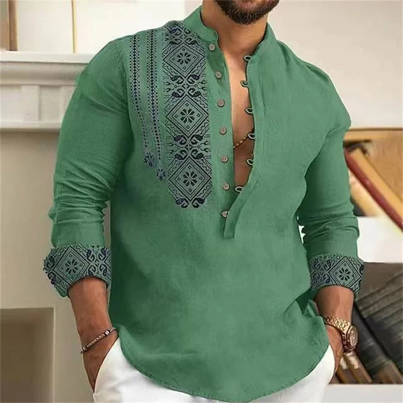 Fashionable 7 Button Men's Long Sleeve Shirt Button Down Shirt Loose Henley V Neck Beach Top T-Shirt High Quality Material