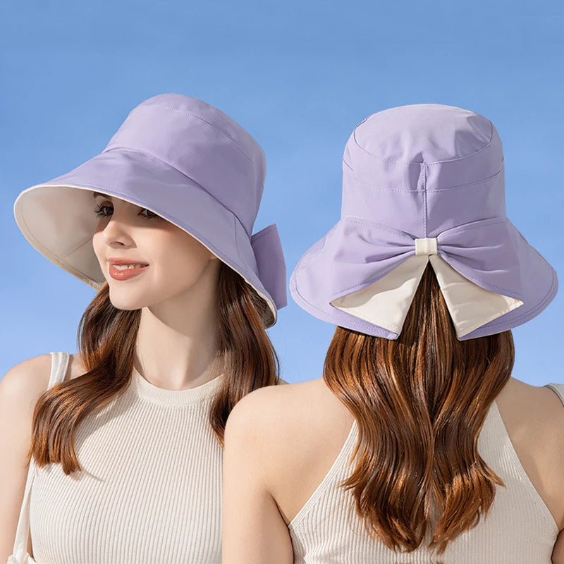 Women Summer Sun Protection Bucket Hat with Bow-tie Lady Elegant Sunscreen Beach Cap Outdoor Wide Brim Headgear Wholesale New in