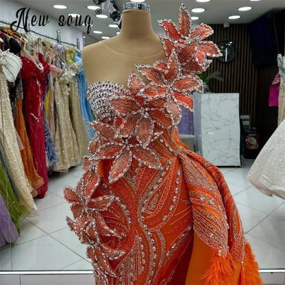Луксозна оранжева официална рокля за абитуриентско парти aso ebi сватбена годежна рокля 3d дантела перо дълга рокля за знаменитост персонализирана 2025