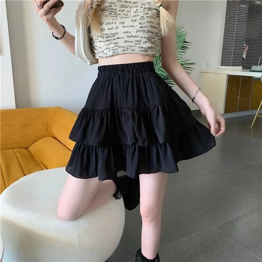 Summer Kawaii Mini A-line Skirt Adorable Flirty High Waist Ruffle Patchwork Lolita Ball Gown Y2K Korean Sweet Women's Clothing