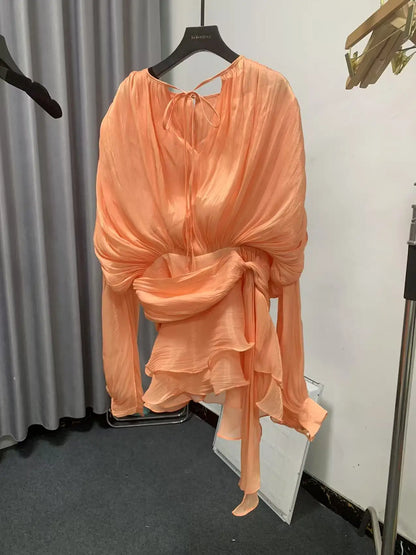 Galcaur Solid Loose Splicd Lace Up Dresses For Women V Neck Lange ermer Patchwork Ruffles Tunika Dreses Female Fashio Ny